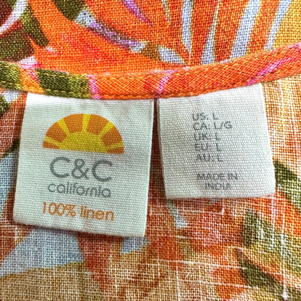 C&C California Orange Tropical Print 100% Linen Square Neck Tank Top Women's L - Picture 5 of 6